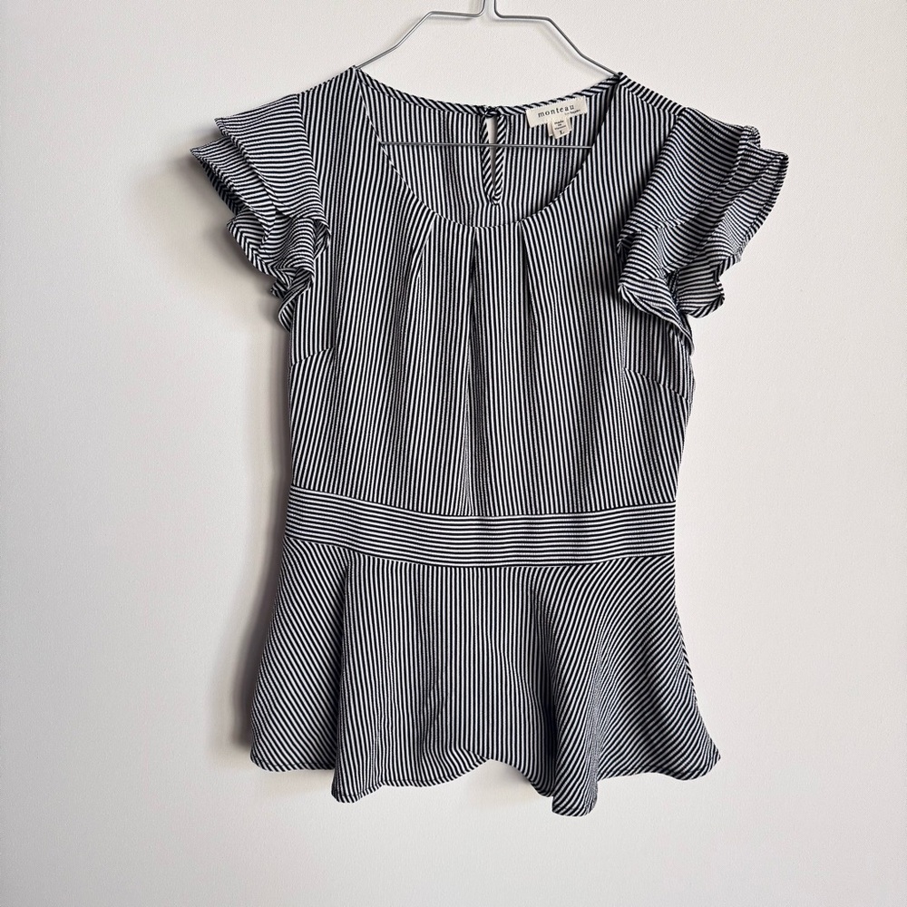 Monteau Black and White Flutter Sleeve Peplum Blouse